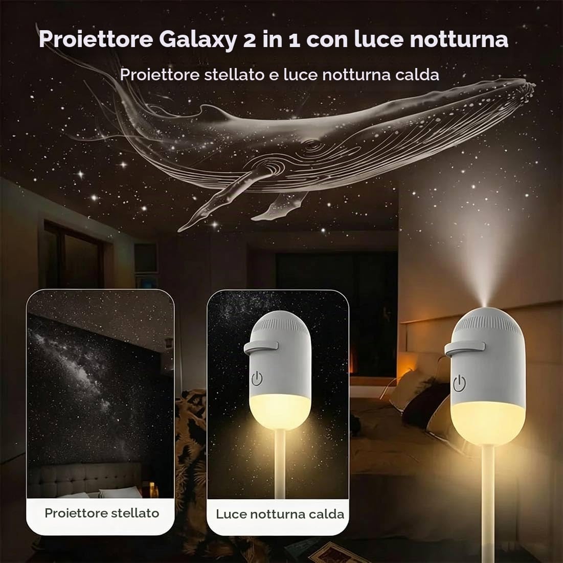 Proiettore galassia 2 in 1 con luce notturna, con 3/6/12 pellicole scorrevoli, per luce portatile USB con cielo stellato, rotazione a 360°, con luminosità dimmerabile per camera da letto. (12pcs)