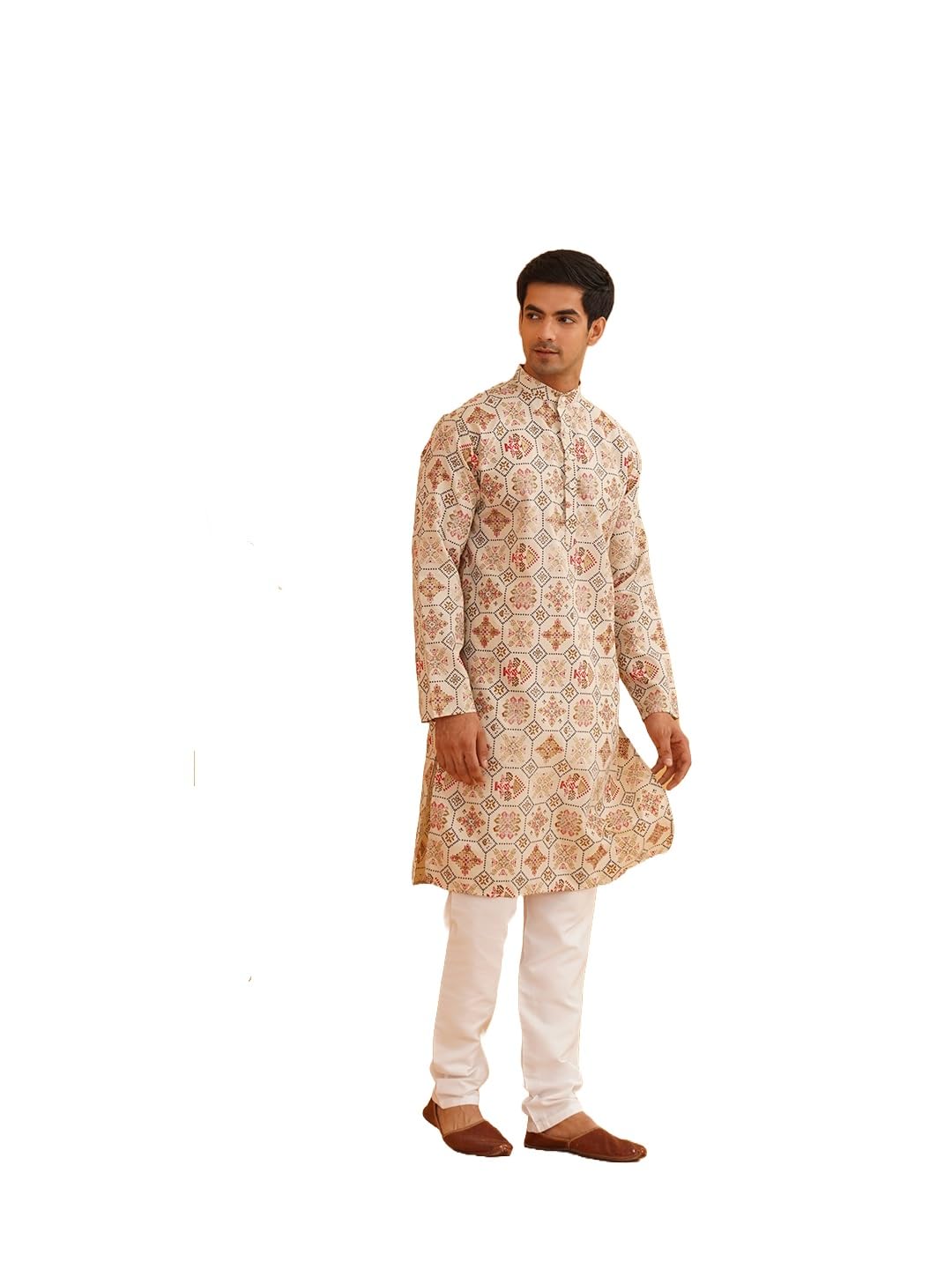 Sojanya (Since 1958 Men's Cotton Linen Cream & Multi Print Kurta & White Churidar Pyjama Set