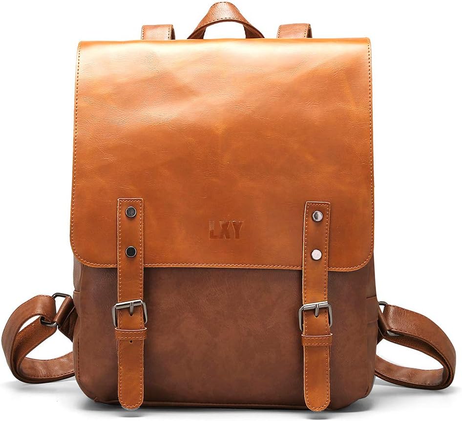 LXY Vegan Leather Backpack Vintage Laptop Bookbag for Women Men, Brown Faux Leather Backpack Purse Bookbag Weekend Travel Daypack