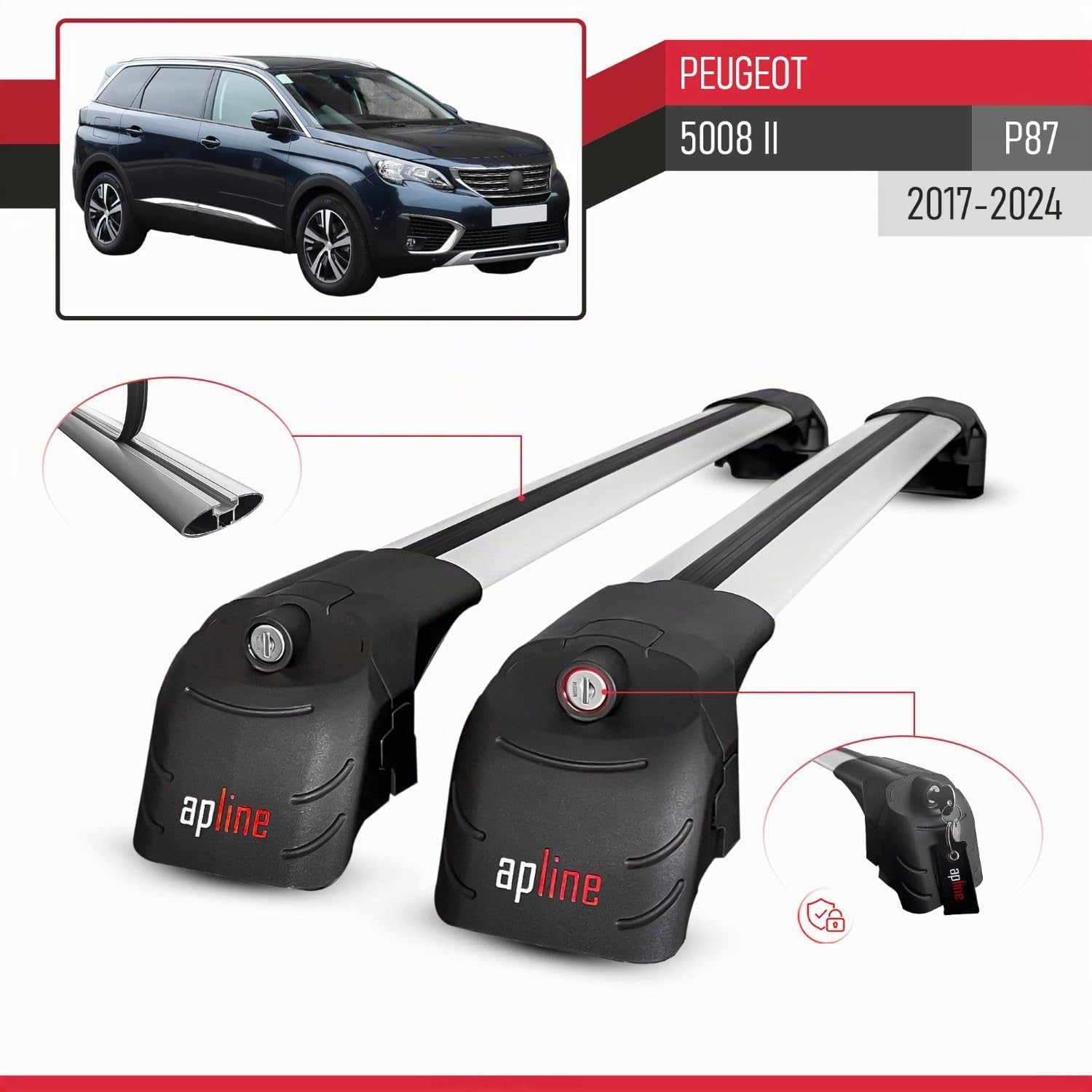 Compatible con Peugeot 5008 II (P87) 2017-2024 Modelo Ace-2 Barra de Techo Auto Portaequipajes Barras Transversales Gris Aluminio 2 Barras