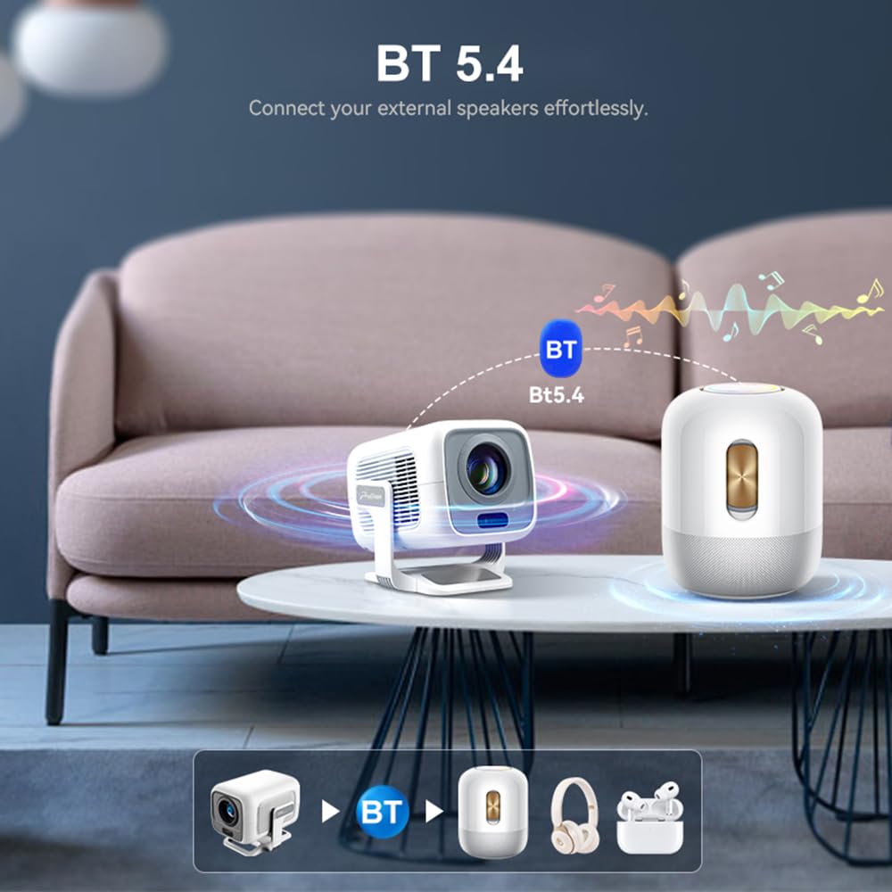 Mini Proiettore [App integrata] Fuoco Automatico Proiettore Portatile 4K UHD WiFi 6 BT5.2 Cinema a Casa Portatile Keystone Compatibile con iOS/Android/TV Stick/PS5/Xbox Latenza Bassa Ruotabile 180°