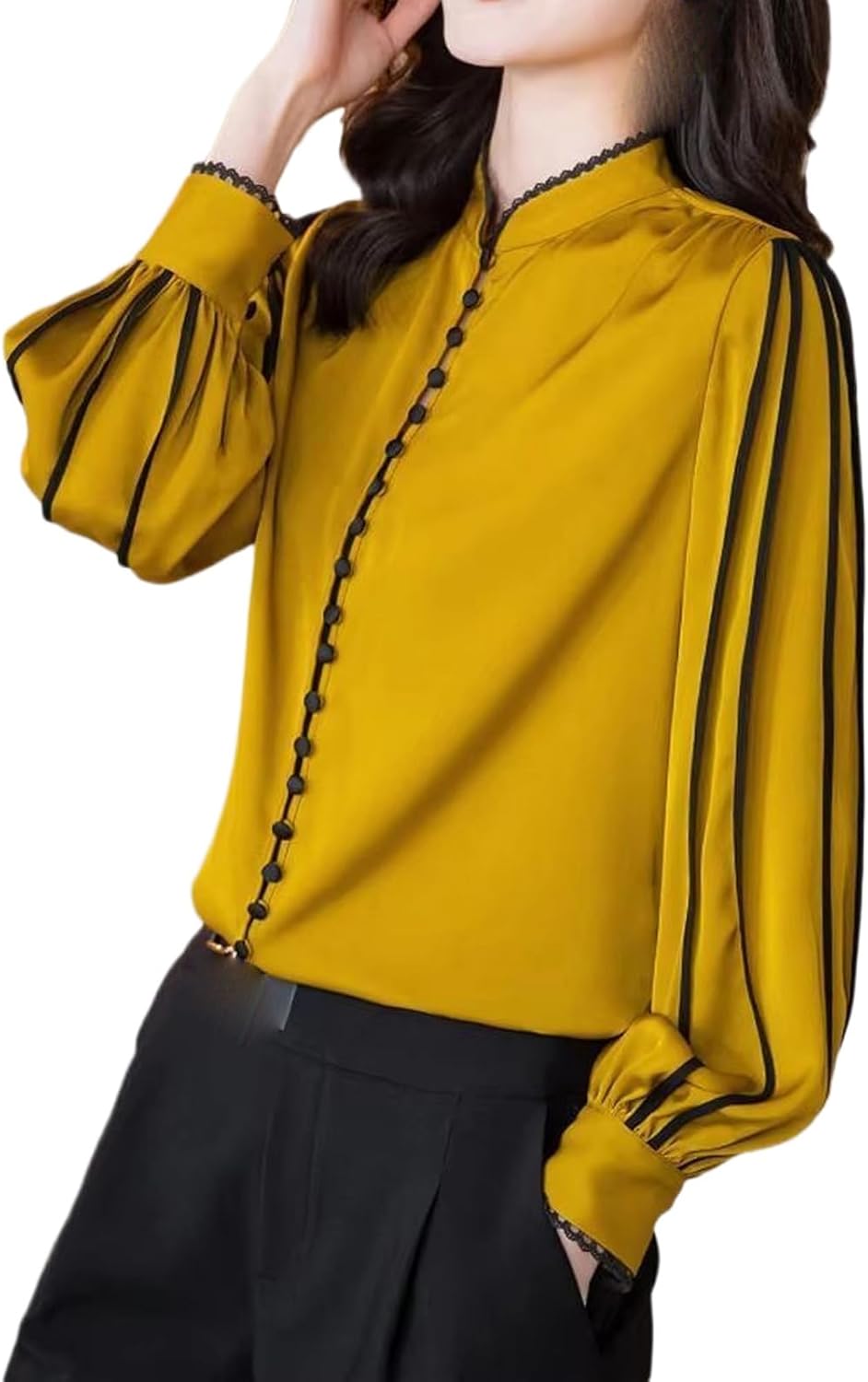 Women's Elegant Lace Stitching Satin Shirt Folds Puff Sleeve Stand Collar Loose Top Blouse