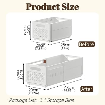 3 Pack Closet Organizer and Storage, Retractable Drawer Basket for Clothing | Stackable Wardrobe Drawer Organizer Storage Bin for Clothes, Pants, Jeans, Sweater, T-shirts