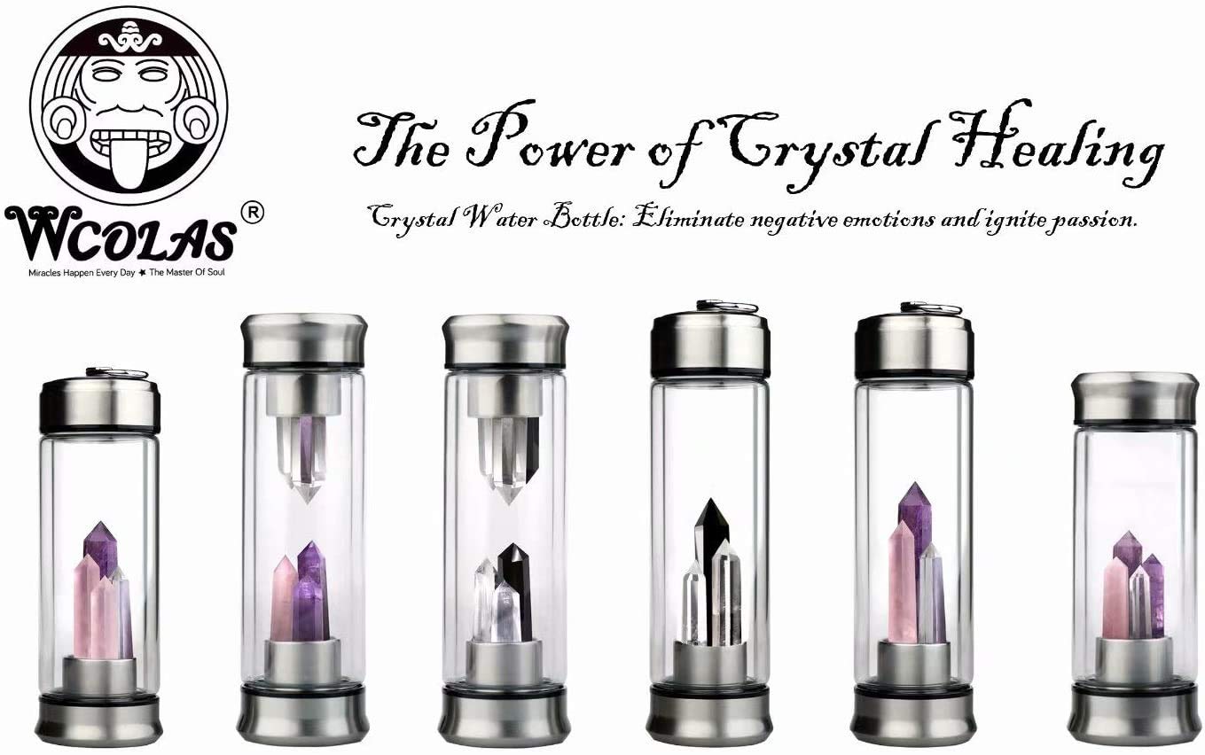 Natural Cristal Botella de Agua,Botella de Cristal con Gemas de Cristal,Vidrio Doble con decoración de Gemas de Cubierta de Acero Inoxidable,Botella de Agua inversa de Viaje de Yoga Regalo