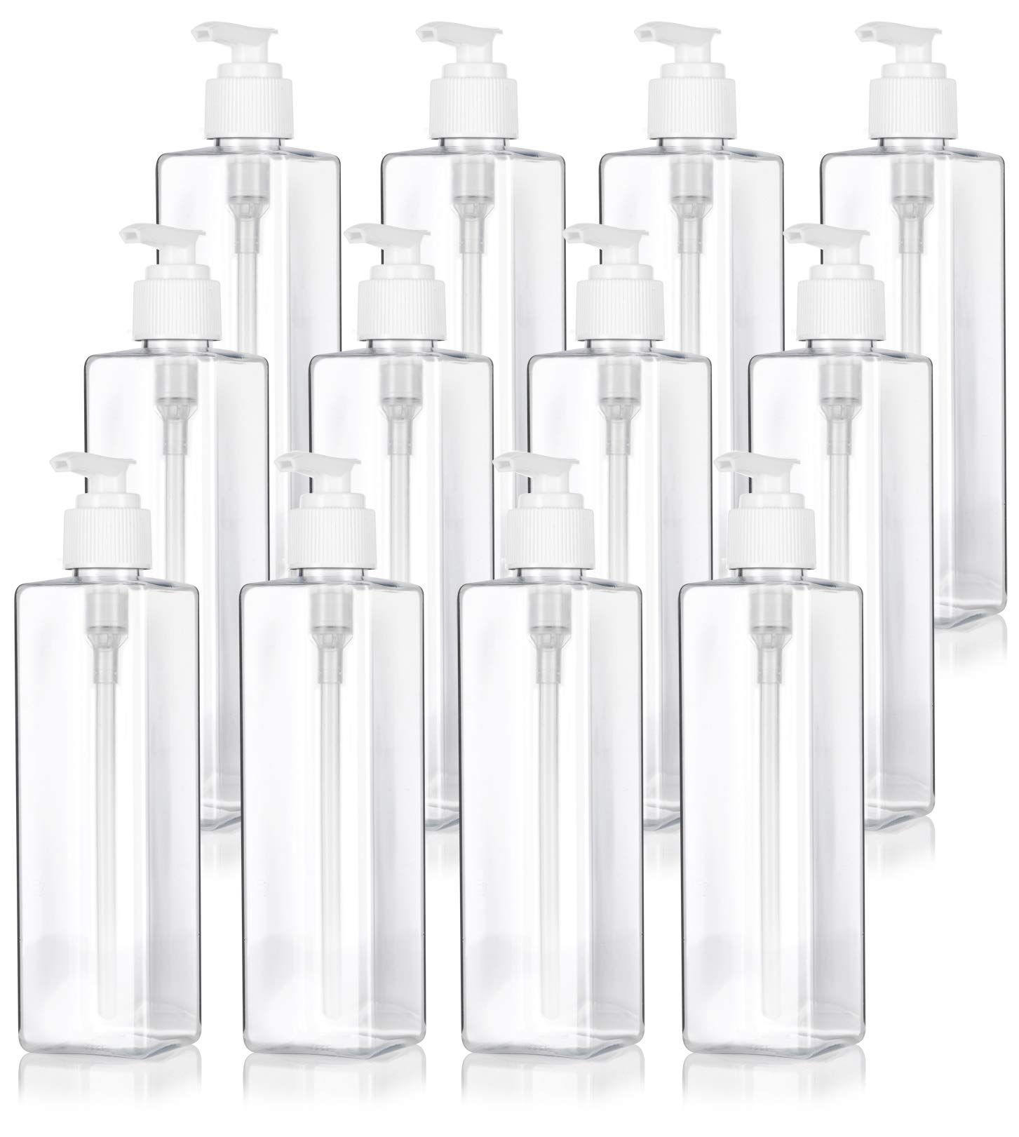 8 oz / 250 ml Clear Plastic PET Square Bottle (BPA Free) with White Lotion Pump (12 Pack)