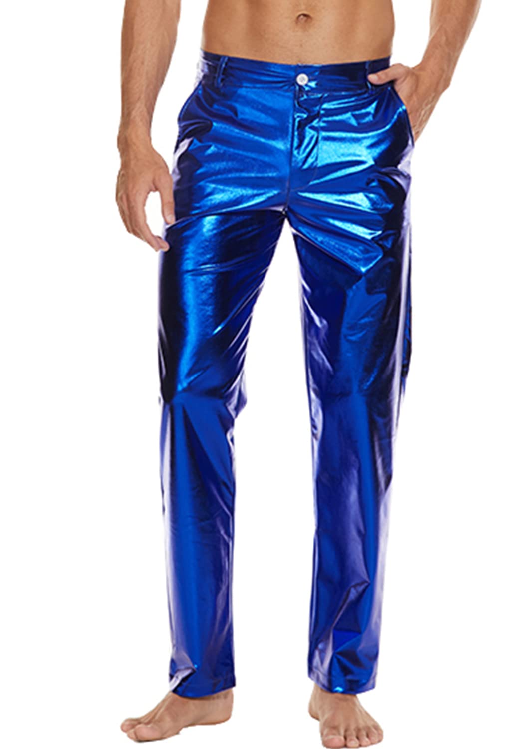 RufeudMens Metallic Shiny Disco Pants, Wet Look Party Dance Straight Leg  Trousers, 70s/80s Festival Rave Cosplay Leather Pants