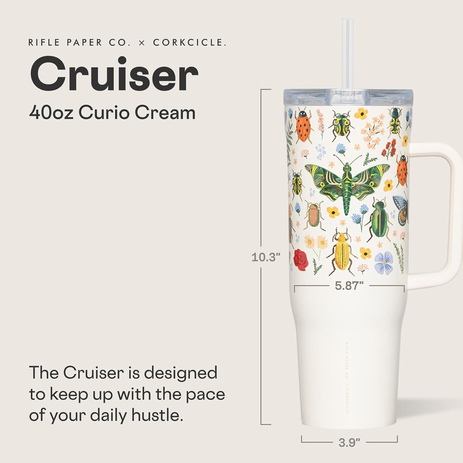 Corkcicle x Rifle Paper Co. Cruiser Insulated Tumbler with Handle & Straw - Keeps Drinks Cold 20 Hours - BPA-Free - Gift for Mom - Great for Mother's Day or Christmas - 40 oz - Curio Cream - Image 2