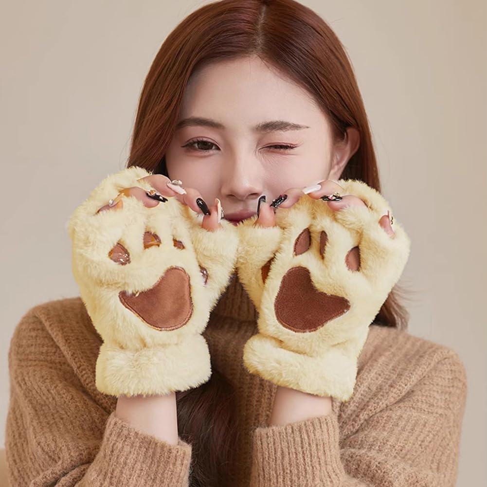 Cute Cat Paw Gloves Warm Winter Plush Mittens With