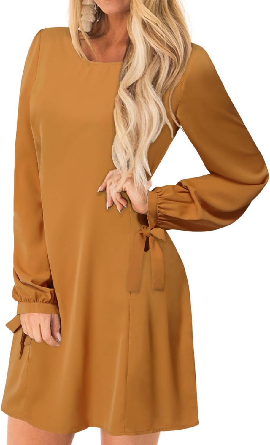 YOINS Summer Dresses for Women Long Sleeves T Shirts Solid Crew Neck Tunics Self-tie Blouses Mini Dresses
