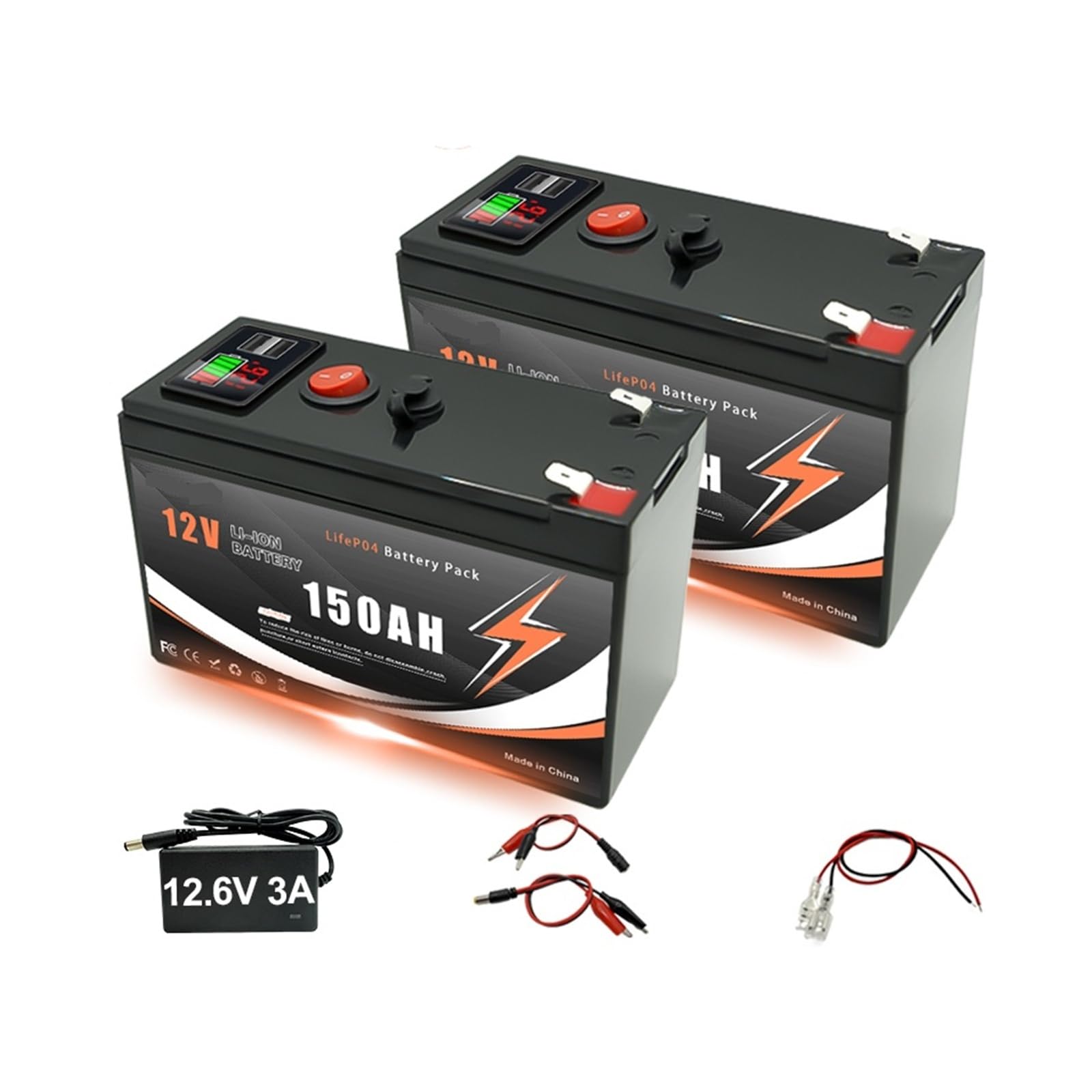 Batteria al litio LiFeP04 da 12 V e 150 Ah con BMS integrato for applicazioni di ricarica solare, fishfinder, campeggio, nautica, all'aperto, fuori rete, con porta USB(100Ah)