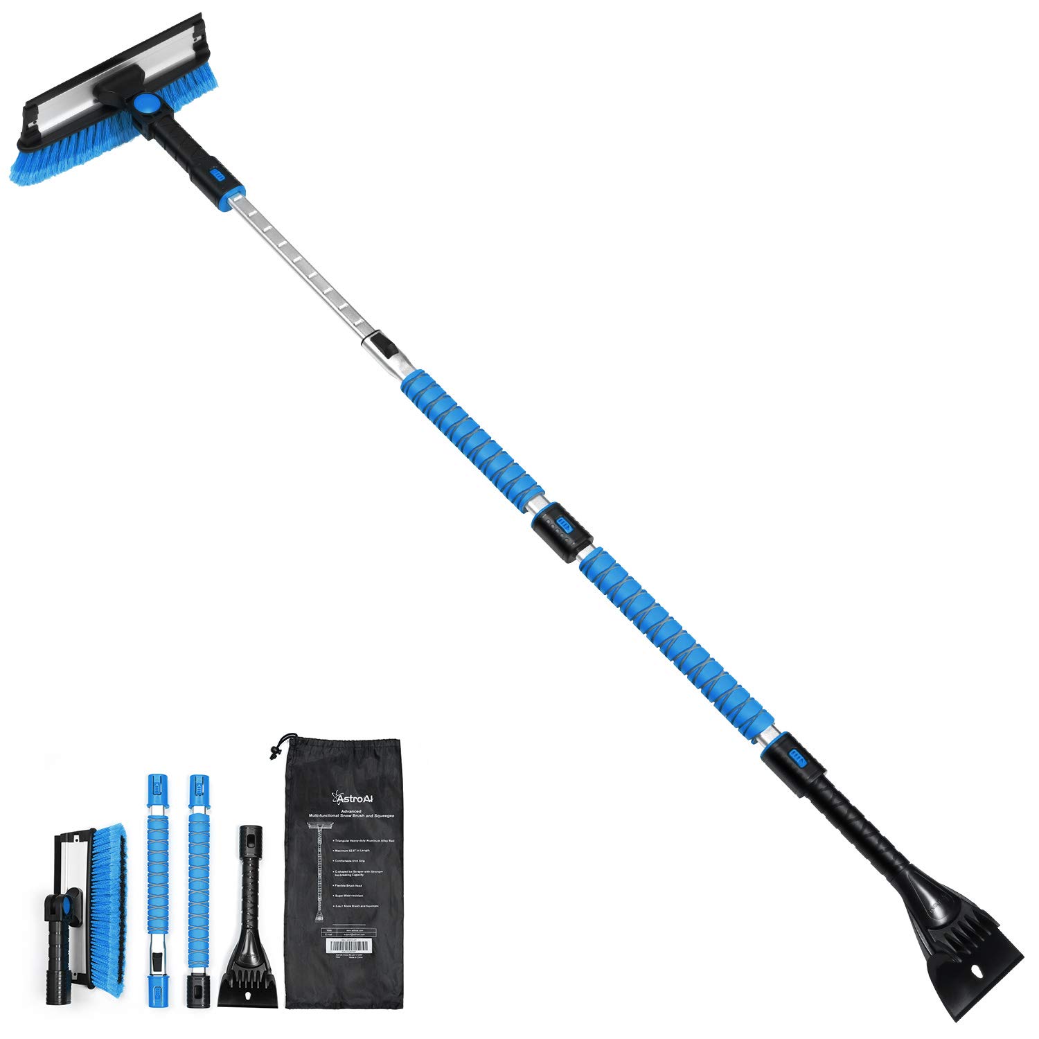AstroAI 62.4" Ice Scraper and Snow Brush with Squeegee, Extendable,Detachable Pivoting,Anti Scratch,Soft Bristle Head,Durable Aluminum Body,Car or SUV Window & Windshield Tool(Blue)