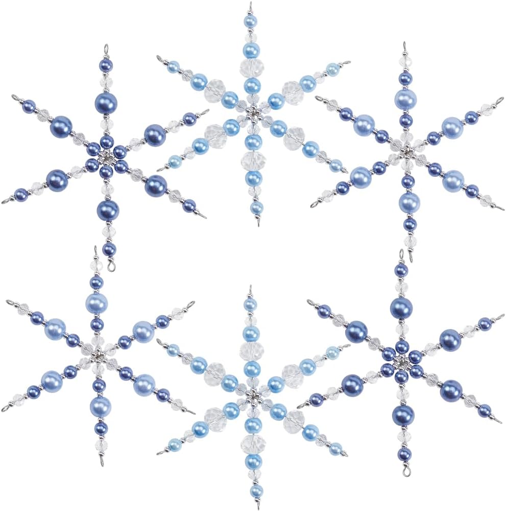 1 Box Beaded Snowflake Ornament Kit Crystal Snowflakes Decorations Glass Wire Frame Blue White Bead Christmas Ornament Craft for DIY Making Christmas Tree Chandelier Home Party Decor