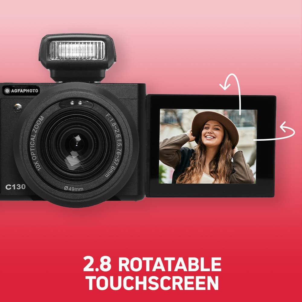 AgfaPhoto Realishot C130 - Cámara digital compacta de 16 MP con sensor CMOS, pantalla táctil LCD de 2,8", estabilización de imagen, enfoque automático, zoom, batería recargable + tarjeta SD de 32 GB +