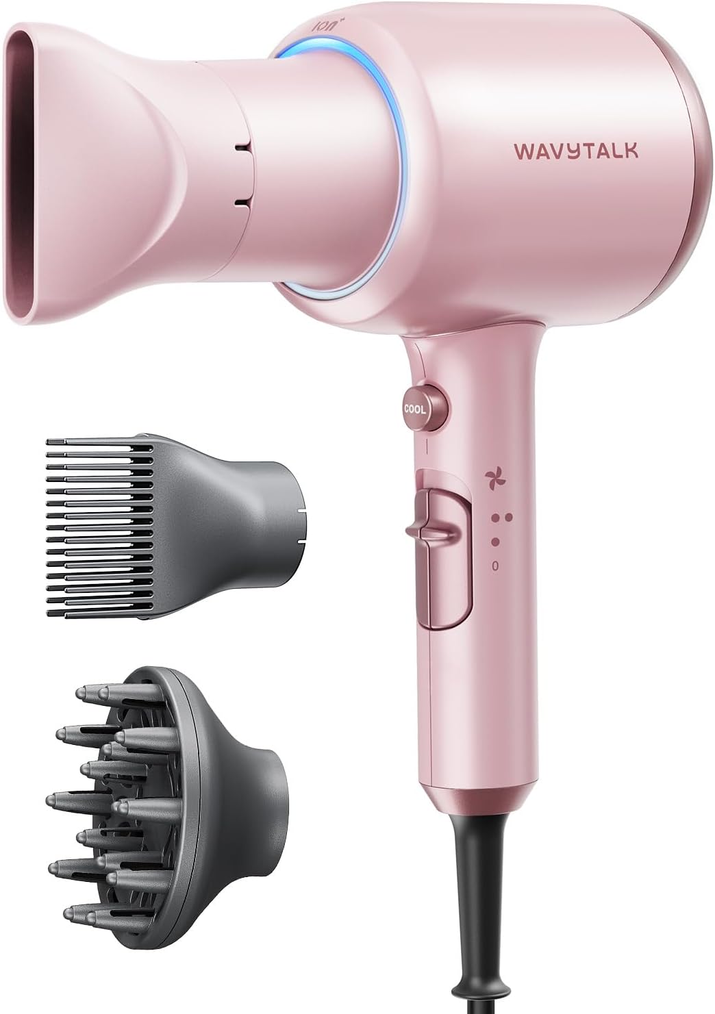 Wavytalk Hair Dryer with Diffuser, Blown Away Ionic Blow Dryer for Curly Hair with Comb, 1875W Fast Drying Hair Dryer with Ceramic Technology, 3 Attachments for All Hair Types, Light and Quiet, Pink