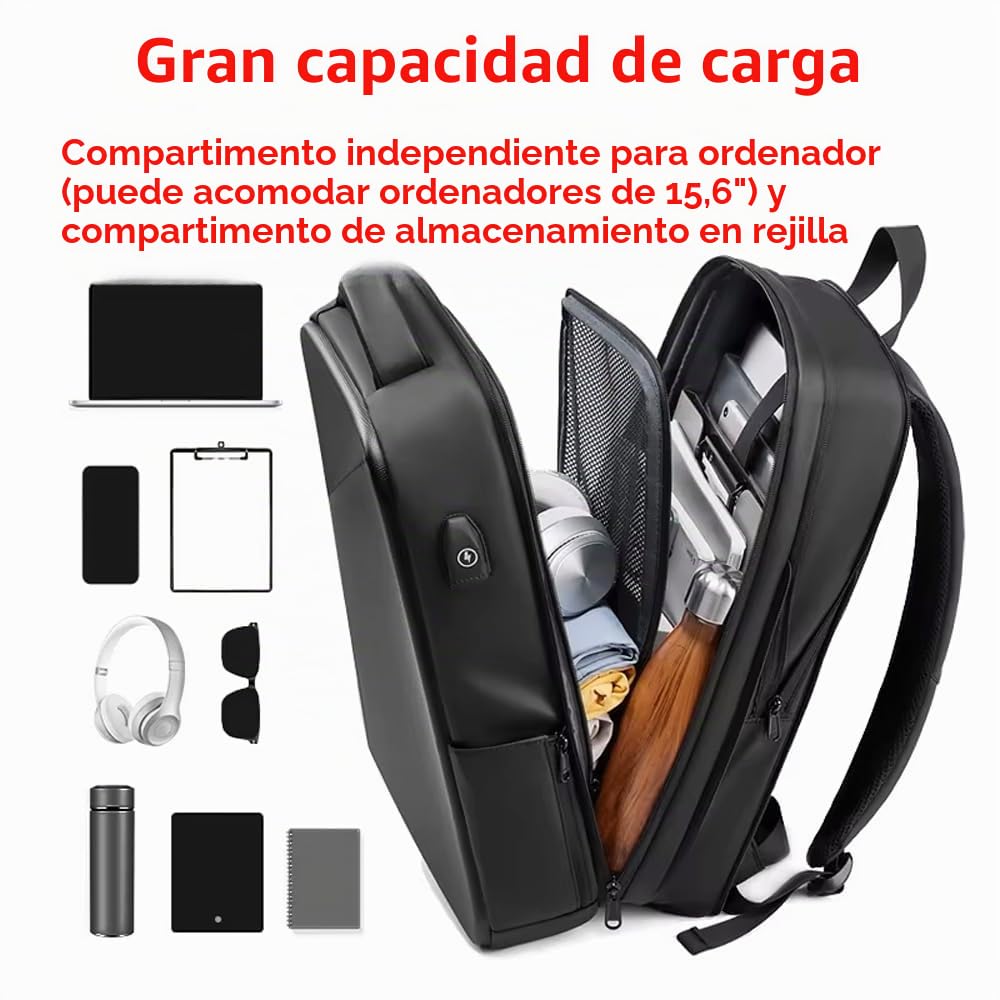 XINYASEE - Mochila para ordenador portátil, mochila de viaje impermeable, mochila de negocios de EVA, mochila de escuela antirrobo unisex con puerto de carga USB, Negro , Moyen