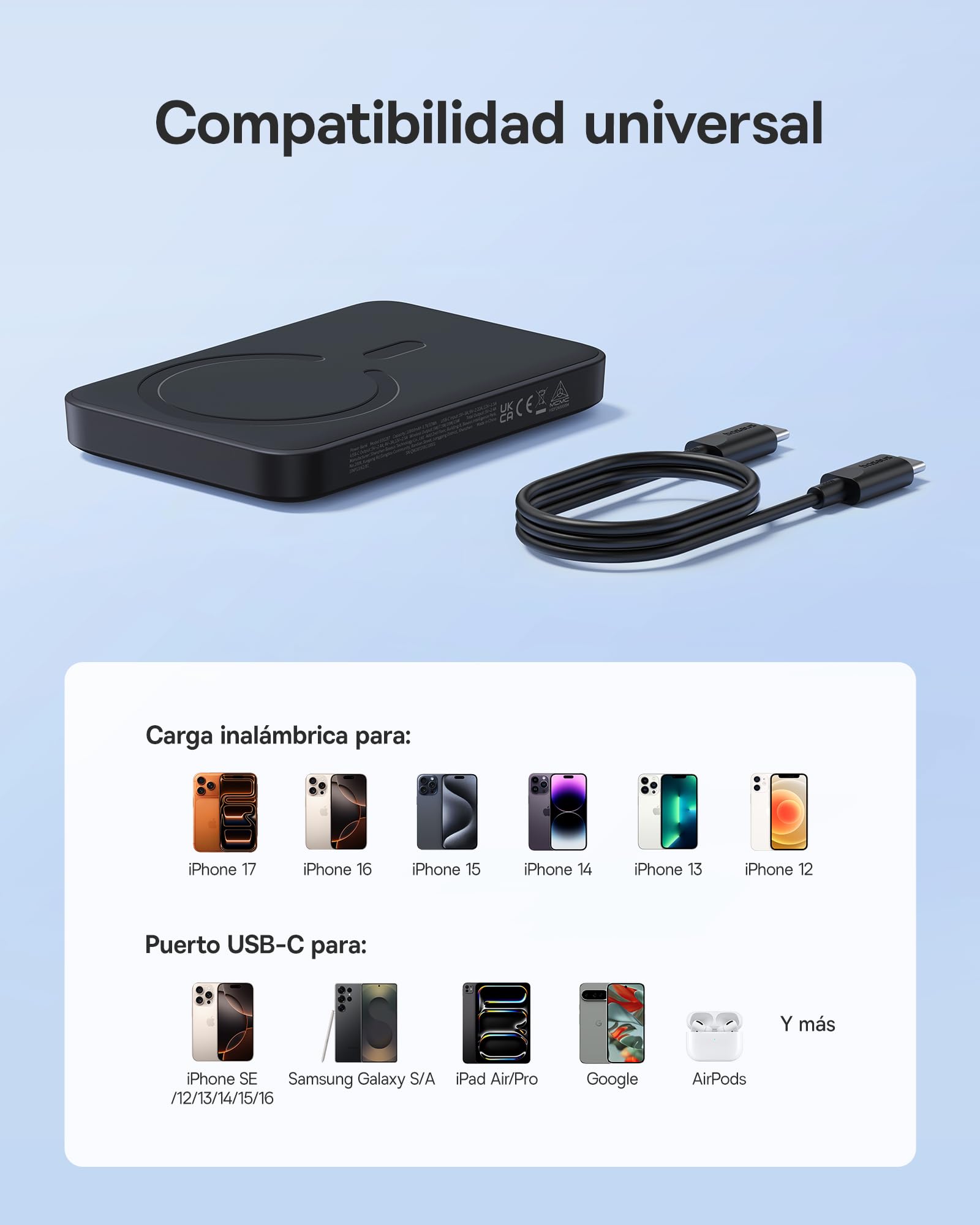 Baseus Enerfill MagSafe Power Bank 10000mAh 30W Magnetic Wireless Externo Baterías Móviles Wireless Mini Powerbank Compatible con iPhone 17/16/15/14/13/12/Pro/Pro MAX Series, Negro (FM11)