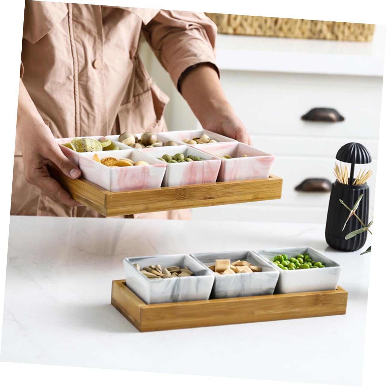TOPBATHY Vassoio Snack in con Piatto Portafrutta Scomparti Grigio per Frutta Secca Dolci e Aperitivi e Feste
