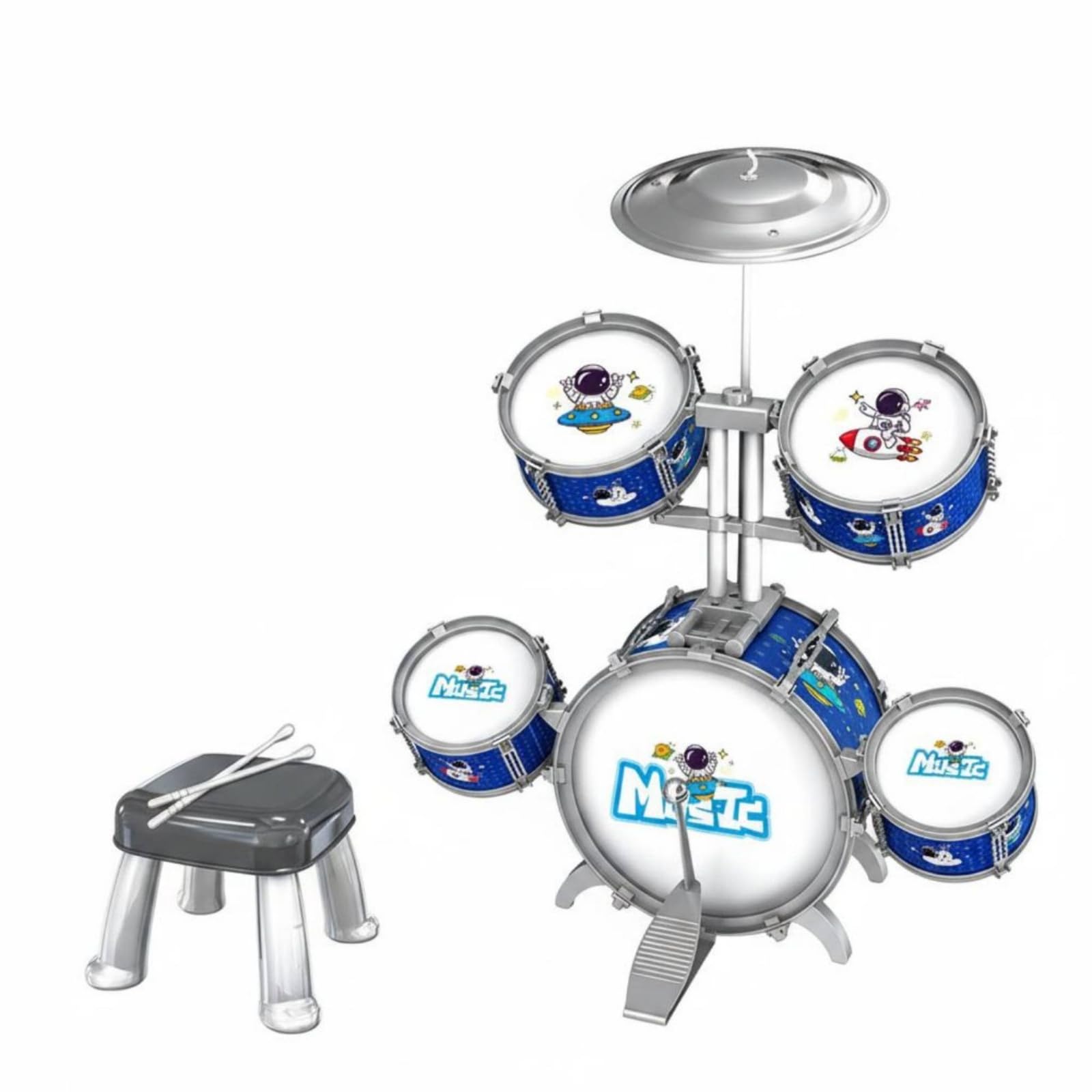 TISHITA Children Music Drum Set Batteria Bambini Tamburo Set Percussioni con Piatti Sgabello Gioco Musicale Educativo Rafforza Coordinazione E Creatività , Astronaut