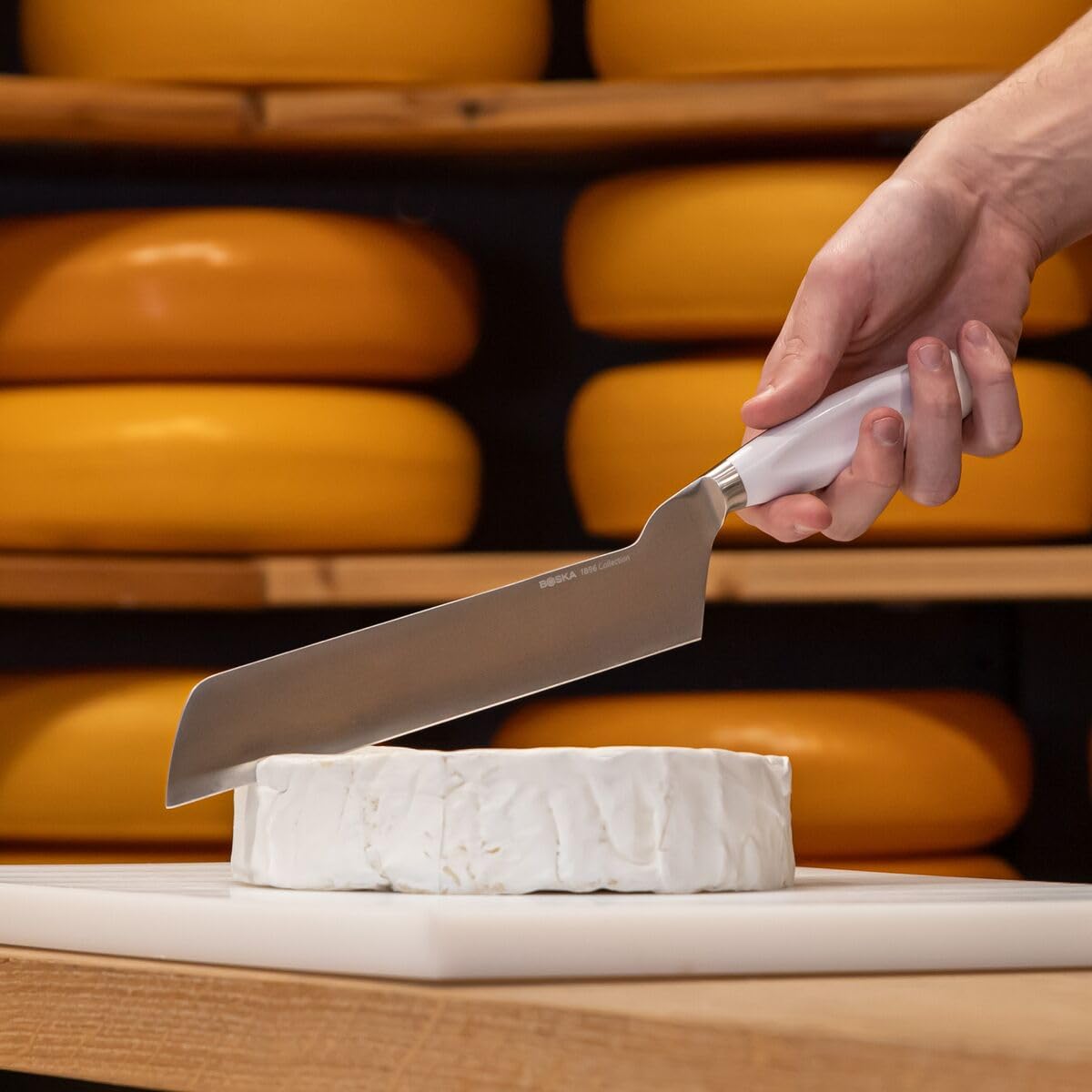 BOSKA Couteau à Fromage Professionnel – Pour fromages à croûte fleurie – Lame 210 mm – Manche Blanc – Code couleur HACCP – Collection 1896