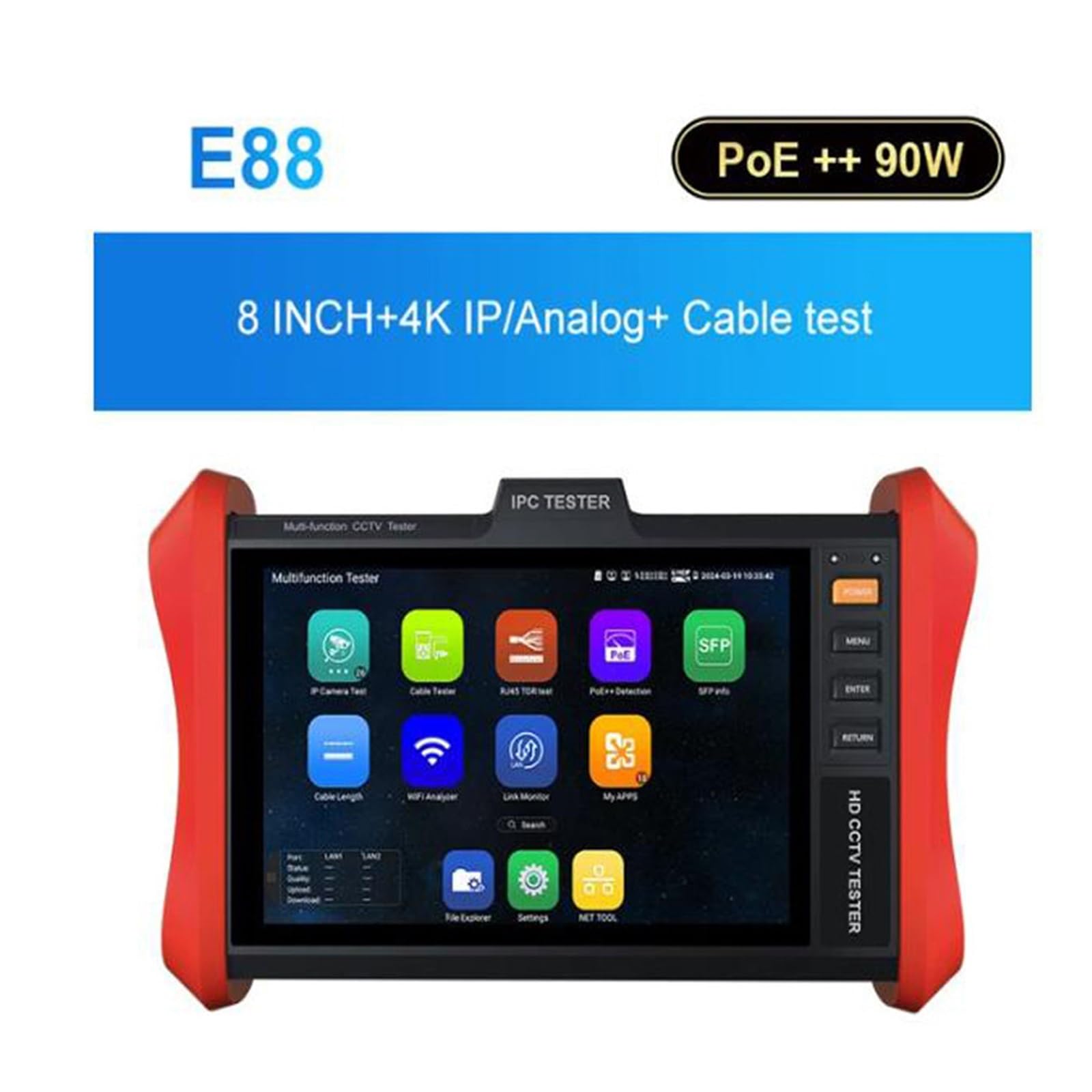 Tester per cavi, Tester CCTV Monitor Da 8" 4K H.265 IP 8MP AHD/TVI/CVI Strumento Di Test Telecamera Cavo Ingresso HDMI E VGA,per la casa(E88)