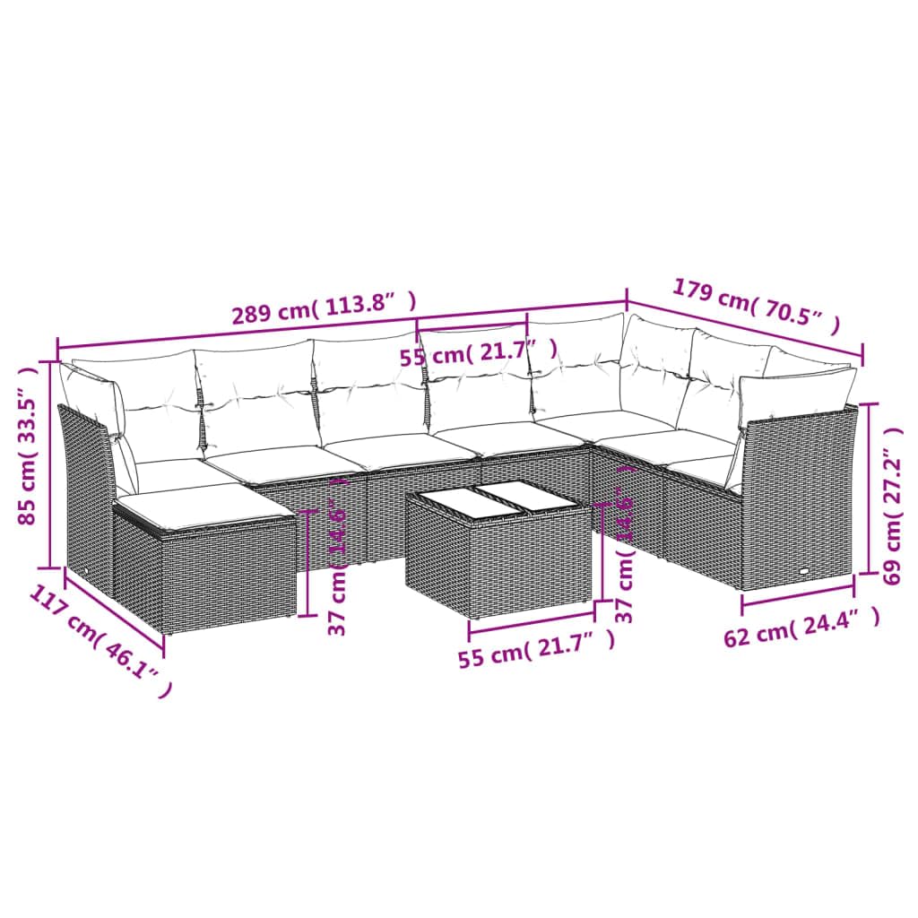 9-częściowy zestaw mebli ogrodowych z poduszkami, czarny, polirattanowy, odporny na działanie promieni UV, modułowy design, na taras, balkon, ze szklanym blatem, łatwy w pielęgnacji
