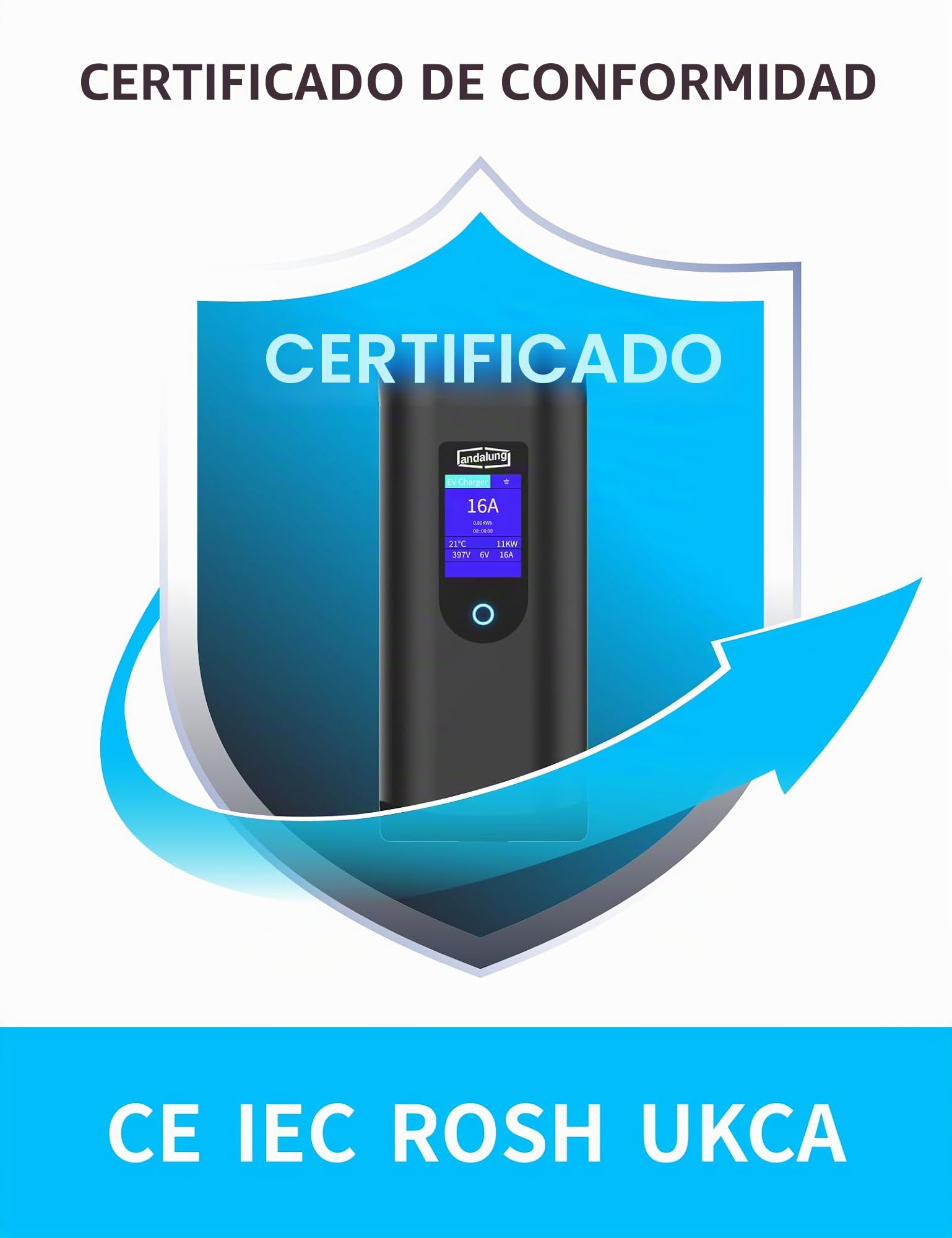 Cargador EV portátil de 11 kW, 3 Fases, 6-16 A, con Corriente Ajustable, Control a través de la App Mediante Wi-Fi, Cable de 7 m, protección IP65, Compatible con Todos los vehículos PHEV/EV