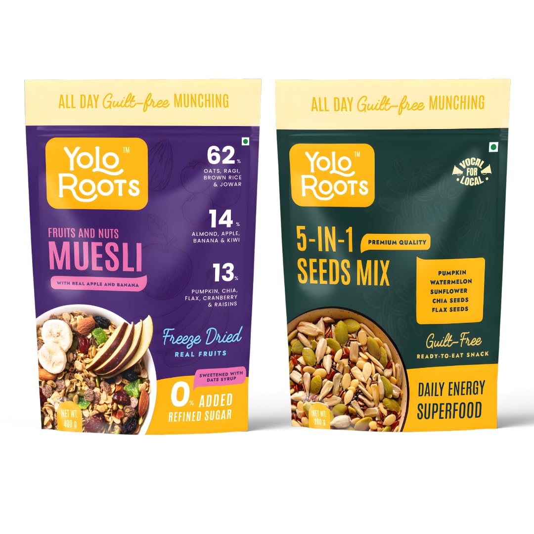 Yolo Roots Fruits & Nuts Muesli 400g & 5-in-1 Seed Mix 200g Combo, No Added Sugar, High Fiber Breakfast Cereal & Superfood Seeds, Healthy Snack with Oats, Almonds & Seeds, Energy Food (Pack of 2)