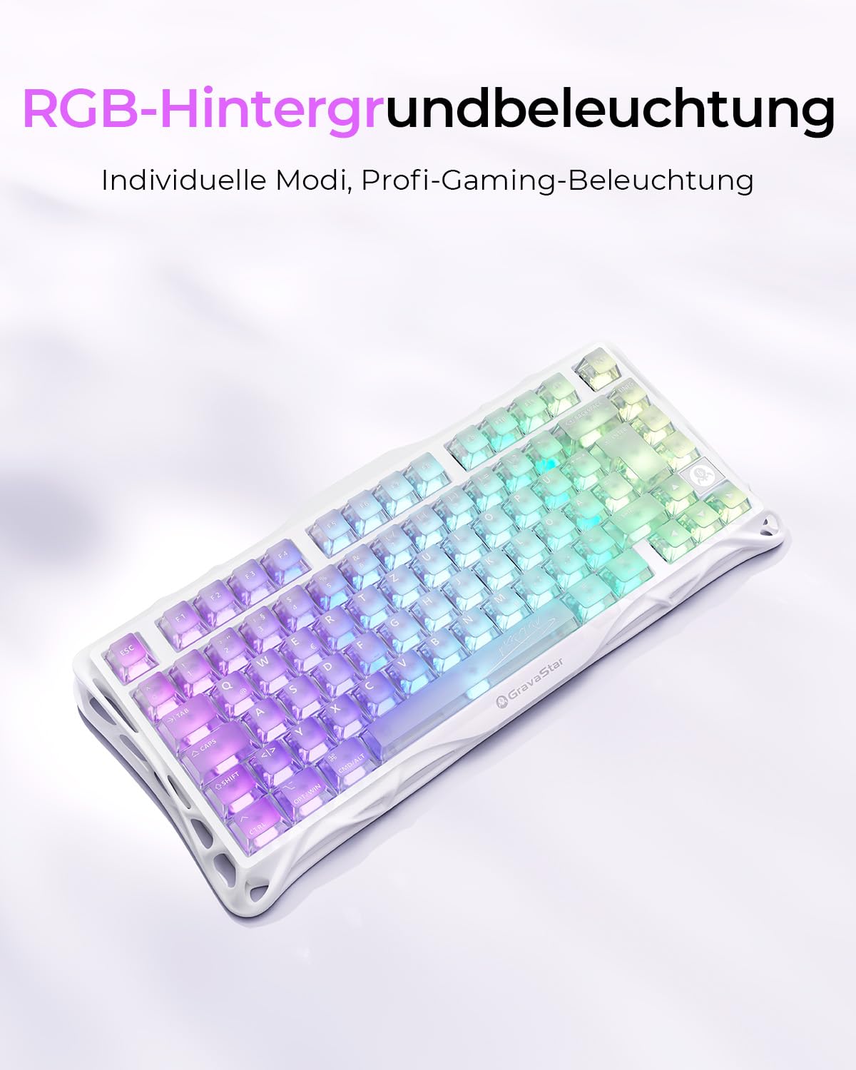 GravaStar Mercury K1 Lite 75% Gaming Tastatur, QWERTZ Kabellos, 2,4GHz/Bluetooth/Kabel Tri-Mode, Gasket Hot Swap Mechanisch, RGB Beleuchtung - Crystal Aurora