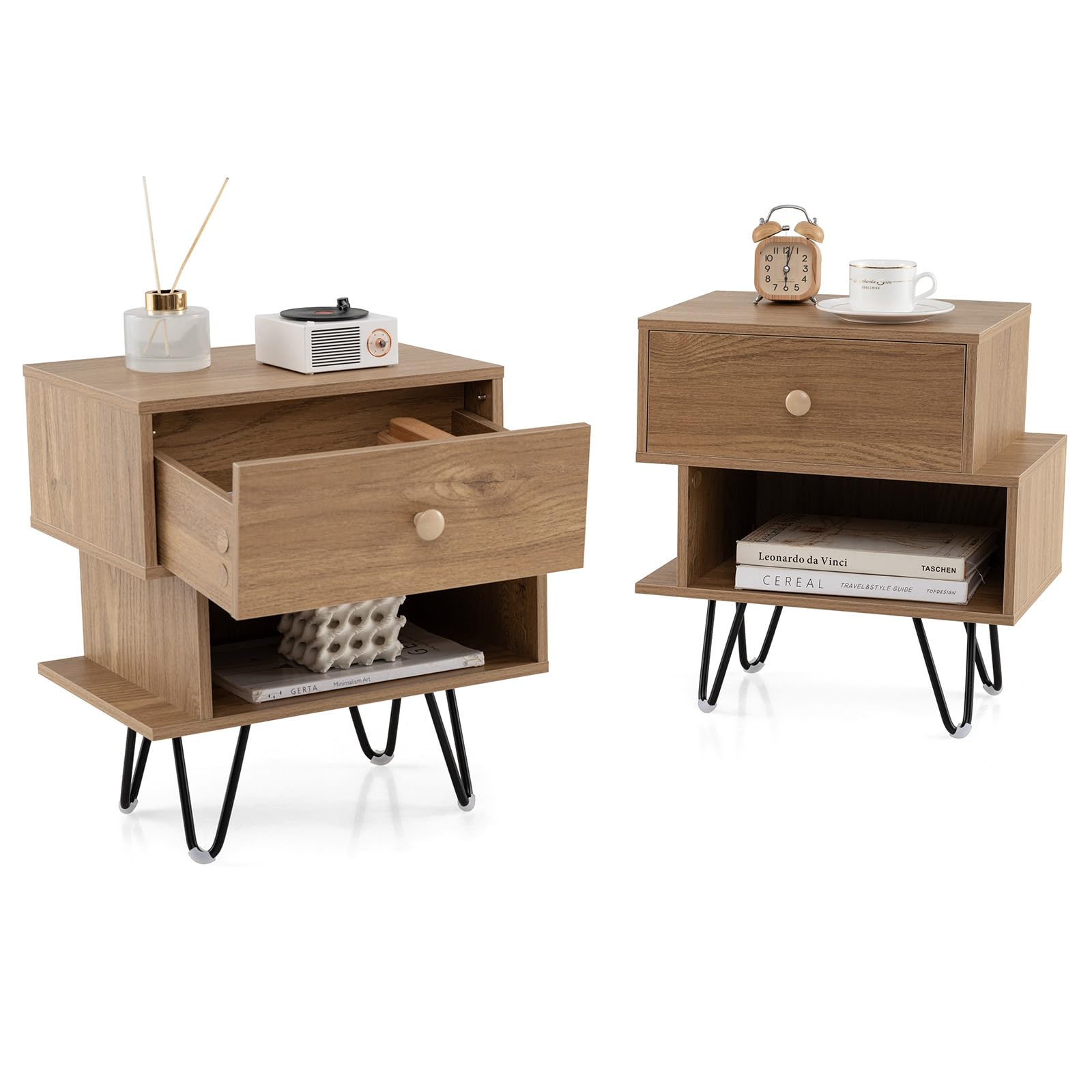 COSTWAY Set van 2 houten nachtkastjes, bijzettafel met lade en open vak, 2 niveaus, koffietafel voor woonkamer, slaapkamer, werkkamer, kantoor (zwart