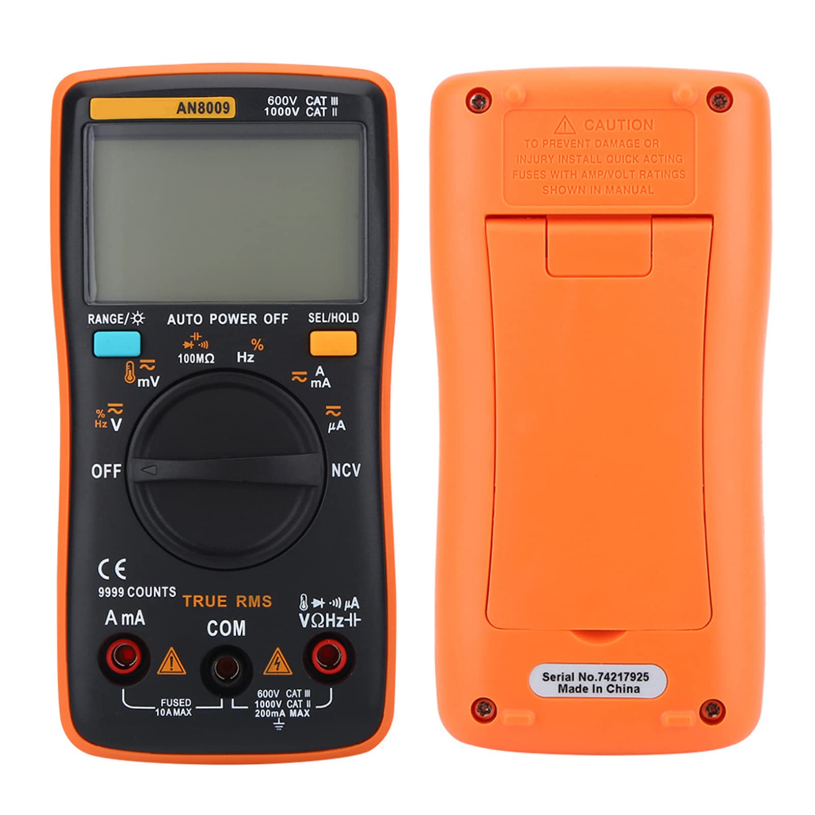 AN8009 Multimetro Digitale Professionale True RMS 6000 Contatti, Auto Range, AC/DC, Arancione, 130x65x30mm, Alta Precisione