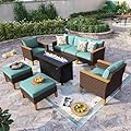 Sophia & William Patio Furniture Set with Fire Pit Table, 8 Piece Outdoor Wicker Conversation Set, Large Rattan Sectional Sofa with Ottoman & 45" Fire Pit Table(Aqua Blue)