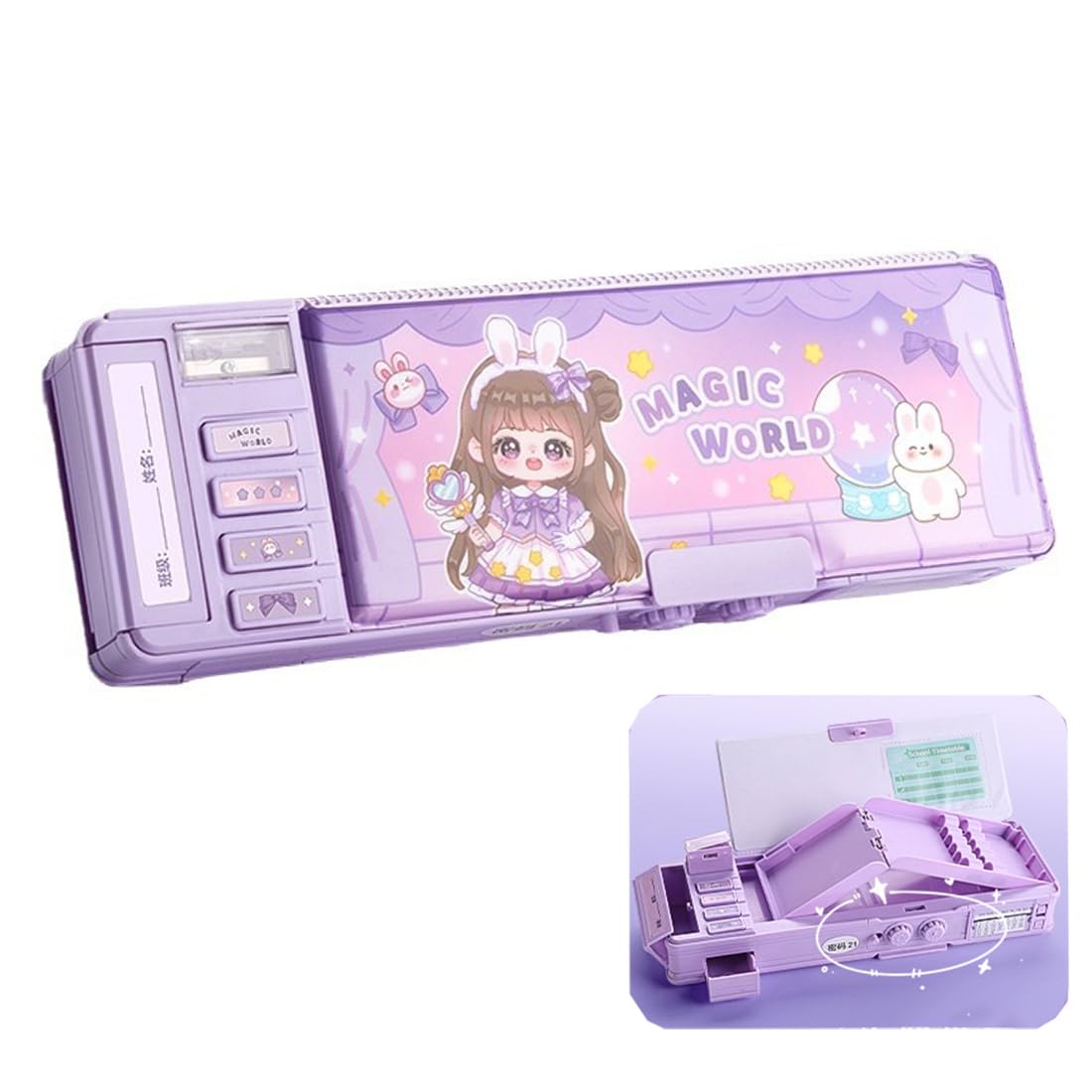 OBABO Pop Up Multifunction Pencil Case for Girls, Cute Cartoon Pen Box Organizer Stationery with Lock, Sharpener, Schedule, Whiteboard, School Supplies, Best Gifts for Kids Teens (Purple)