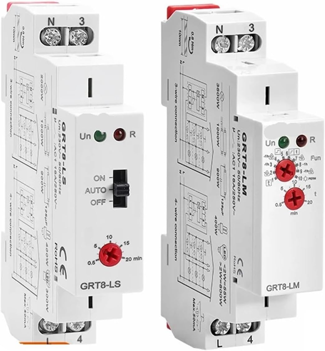 OBABO GRT8-LS/LM Stair Switch Lighting Timer Switch 230VAC 16A for Corridor Lighting Control 0.5-20 Minutes delay (Size : GRT8-LS AC230V)