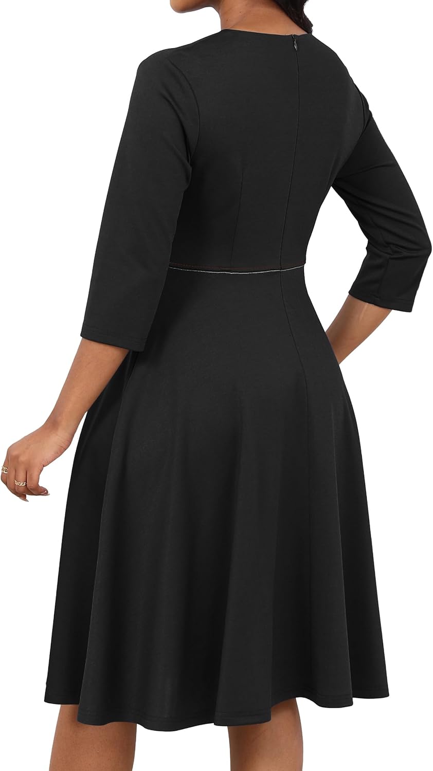 Elainone Women A-line Dress 3/4 Sleeve Wedding Guest Church Semi Formal Casual Dresses Bow-TIE Neck with Pockets - Image 6