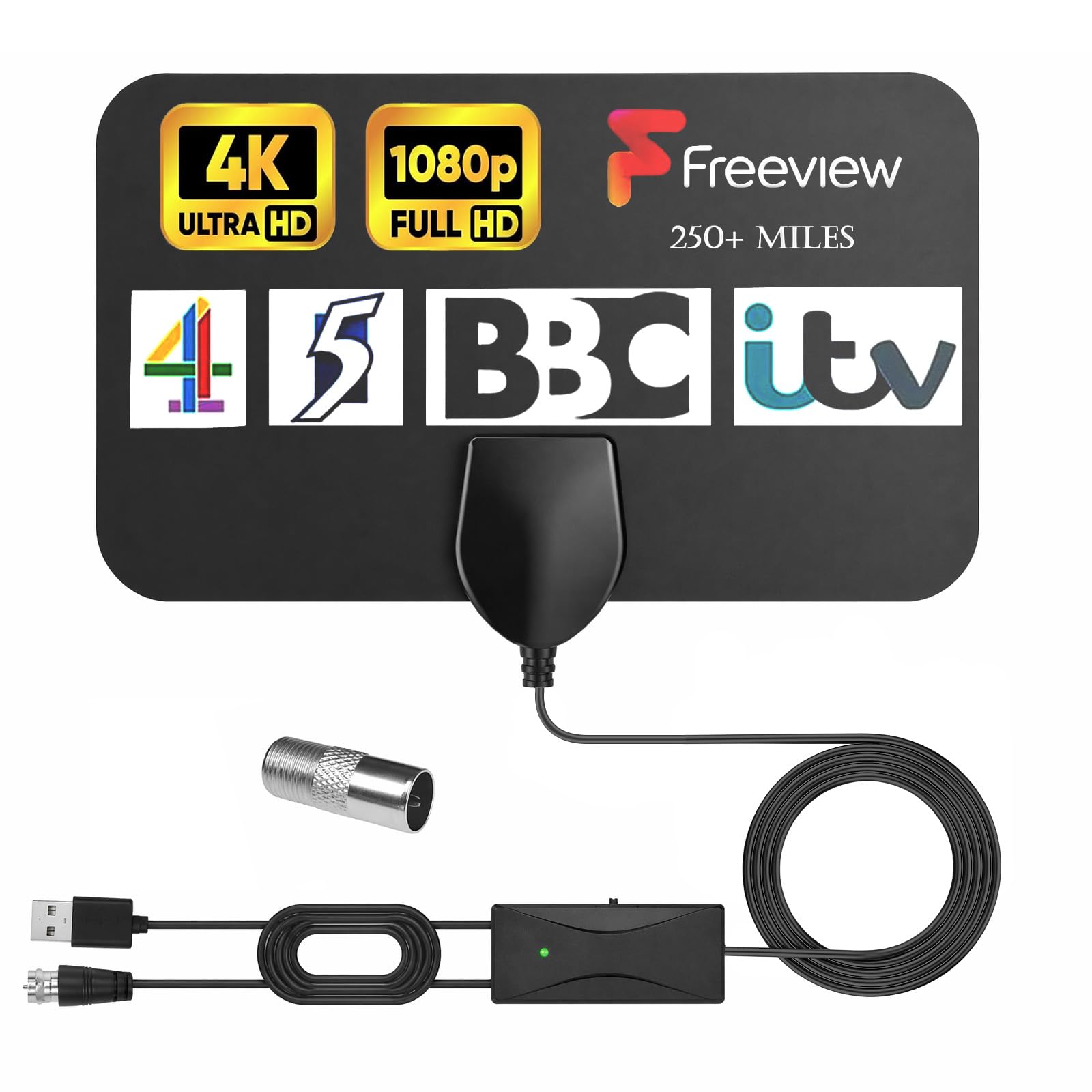 Antenna TV Interna Amplificata Potente, Antenna TV Portatile, HDTV Digitale 250+ Miglia, cavo Coassiale da 5 M, Compatibile DVB-T/T2, ISDB-T, DMB-T/H, ATSC, DAB/FM