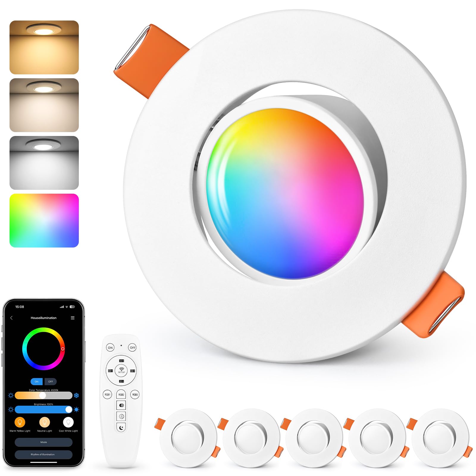 GeyouLux LED Recessed Spotlight RGB, White Smart LED Spotlights 230V 2700K-6500K Dimmable with App & Remote Control, 68-80mm 5W IP44 Ultra-flat, 45° Rotatable Recessed Lights for Living Room, 6 Pieces
