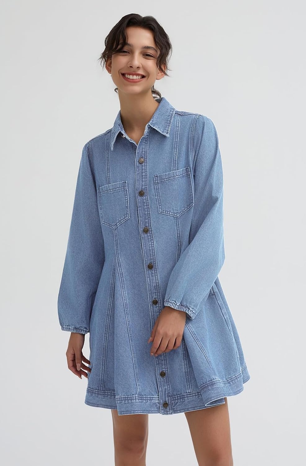 D-Sun Women's Long Sleeve Denim Dress Button Down Collar Casual A Line Swing Ruffle Jean Mini Dresses - Image 2