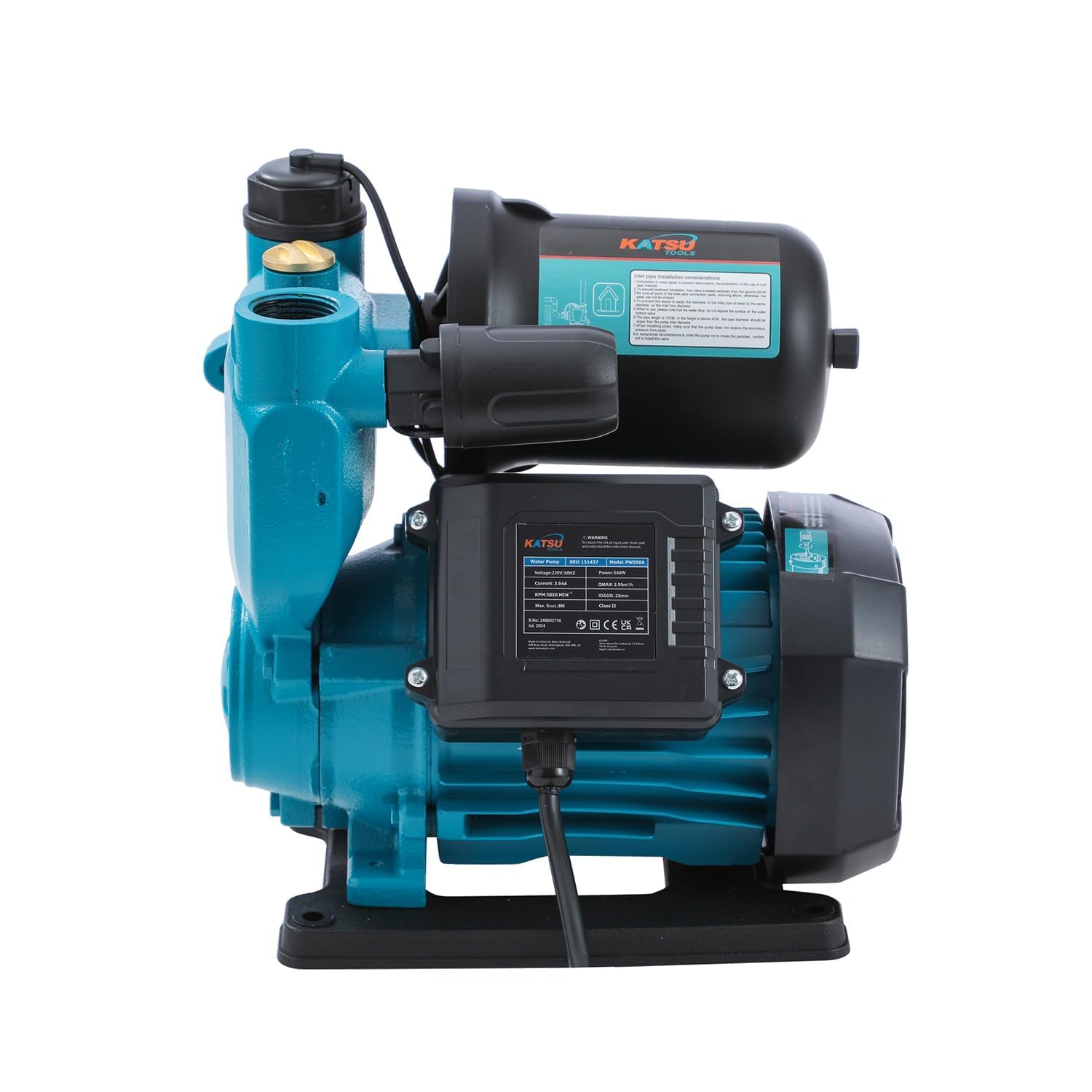 KATSU Bomba de Refuerzo de Agua de 550W, Automático Control de Presión, Autocebante Adecuado para Grifos de Agua para el Hogar y el Jardín 151437