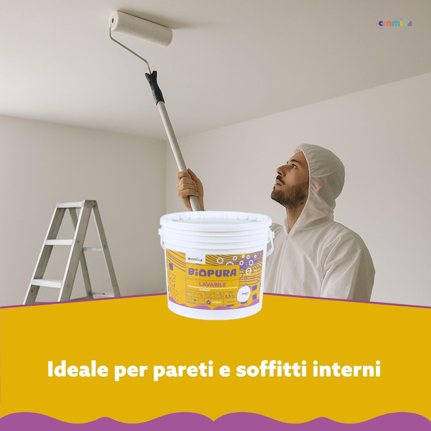 CROMIKA BIOPURA Pittura Lavabile Traspirante per Interni, Alta Copertura Rullo Pennello Spruzzo Finitura Opaca Made in Italy (Bianco, Litri 10)