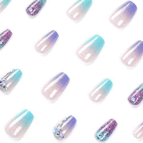 Miniatura 4 de Uñas postizas medianas a presión con diamantes de imitación con purpurina colorida y diseño degradado, uñas postizas acrílicas, uñas artificiales