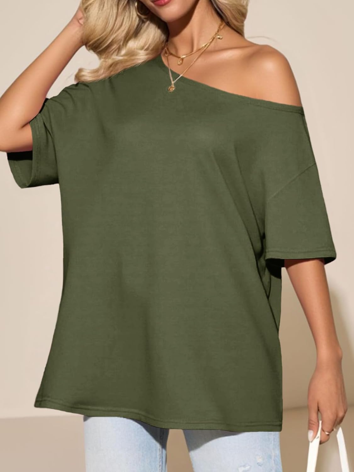 Tankaneo Womens Oversized Off The Shoulder T Shirt Cotton Short Sleeve Casual Tunic Tops Summer Loose Fit Flowy Tees - Image 6