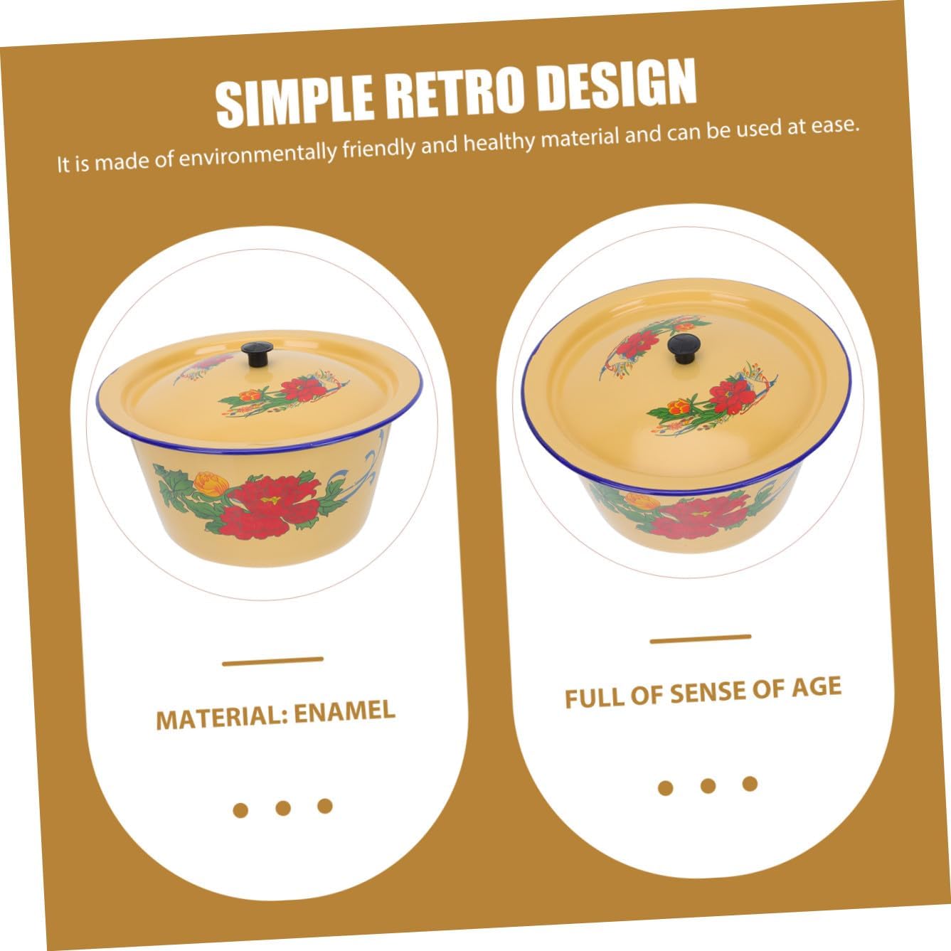 Luxshiny Vintage Enamel Lard Pot with Lid 1.4l Classic Retro Food Storage Bowl 19.5cm Sturdy Covered Mixing Bowl for Home Kitchen Cooking