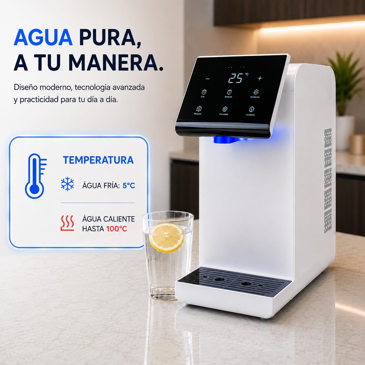 Filtro Dispensador de Agua Fría, Caliente y Natural, Purificador de Agua sin Garrafón, Filtro de 2 Etapas, Esterilización UV, de Sobremesa.