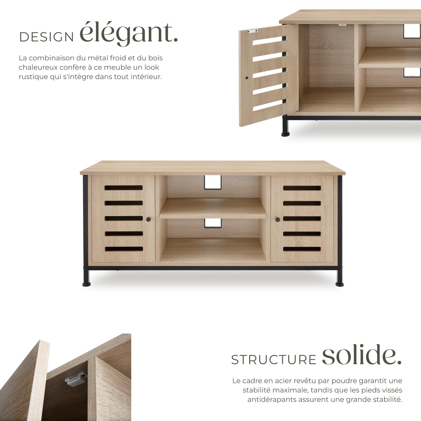 tectake® Meuble TV 110 x 41,5 x 50,5 cm, Style Industriel, Bois & Acier | Pieds réglables, 2 compartiments aux portes magnétiques, étagère réglable, capacité 50 kg, Buffet bas, Bois clair industriel