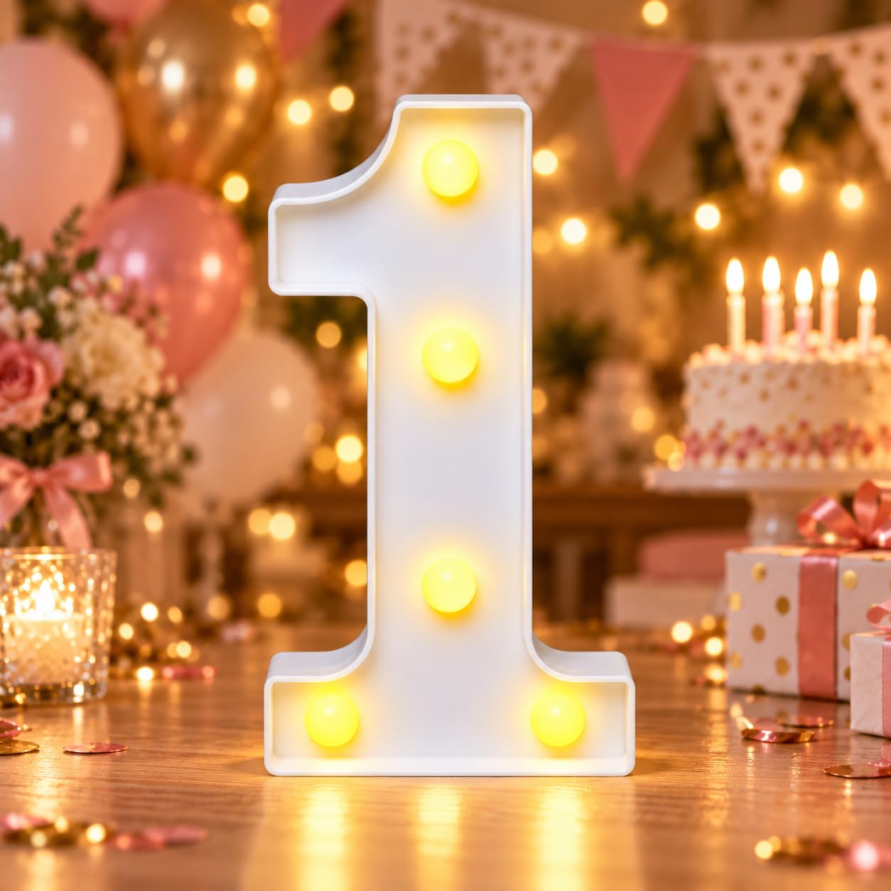 Light Up Number 1 for Birthday Decorations, Warm White LED Number Light