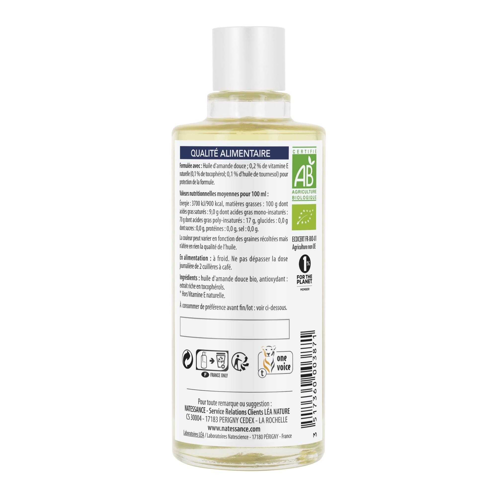 Natessance Huile D'Amande Douce Bio 100% Pure Certifié Agriculture Biologique Flacon 50 ml