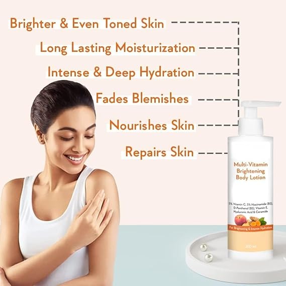 Multi-Vitamin Brightening Body Lotion 5% Vitamin C, 5% Niacinamide(B3), Panthenol (B5), Vitamin E, Turmeric & Kakadu plum, Non Stickey 100Ml,3.53 Floz