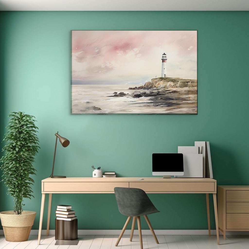 Canvas for Living room. Lighthouse Vigil: A Stark Beacon Against the Twilight Sea, 27 x 18 inch Canvas Wall Art - Modern Home Decor