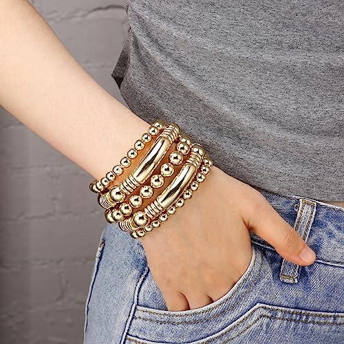 14K Gold Plated Bangles Bracelet for Women Chunky Curved Stacking Plated Bead Ball Stretchable Bracelets4
