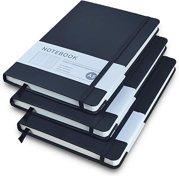A5 Notebook, 3 Pack A5 Notepad 200 Pages Journal Notebook Hardback Notepad with Lined Pages, PU Leather Lined Notebooks with Bookmark and Elastic Closure for Office School Home & Note Taking - Black